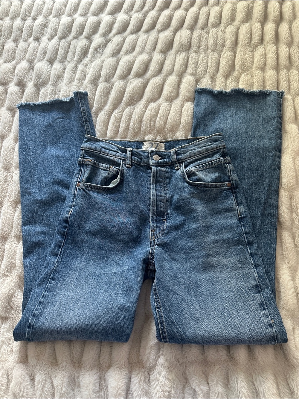Free People Classic High-Rise Blue Women's Jeans Sz 27 raw hem boot cut